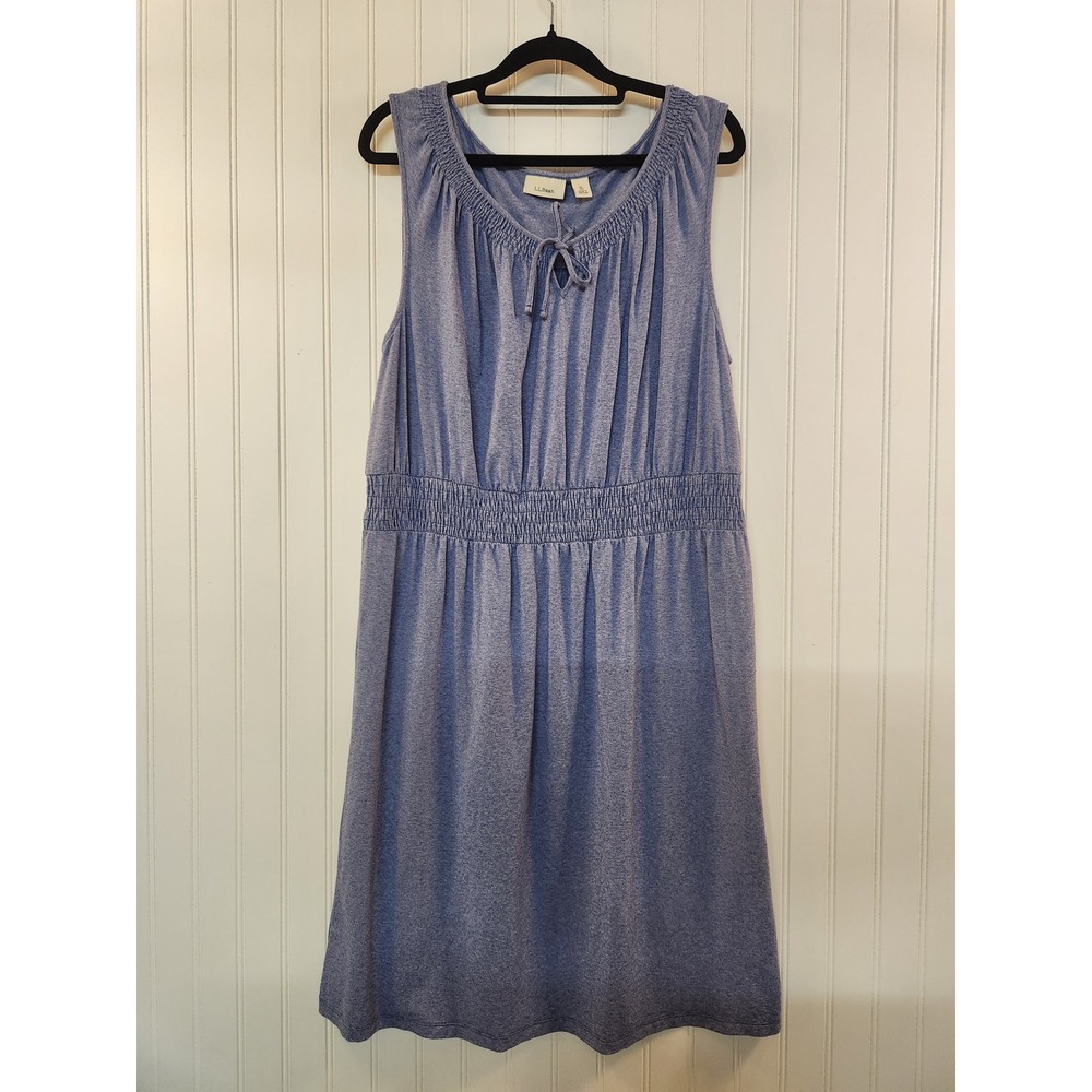 LL Bean Blue Space Dye Smocked Waist Sleeveless Knit Dress XL Petite Casual